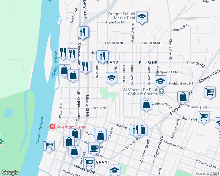 map of restaurants, bars, coffee shops, grocery stores, and more near 530 Highland Avenue Northeast in Salem