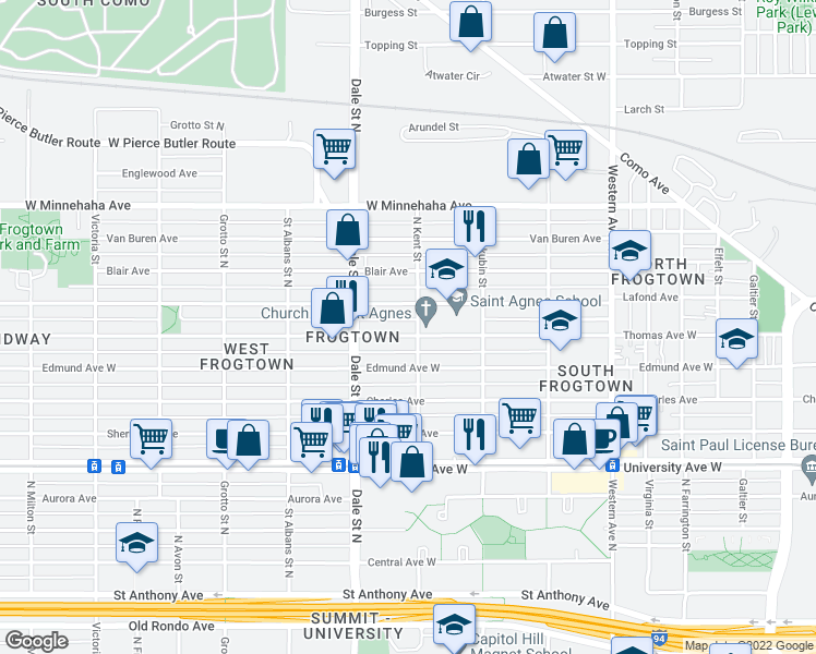 map of restaurants, bars, coffee shops, grocery stores, and more near 565 Thomas Avenue West in Saint Paul