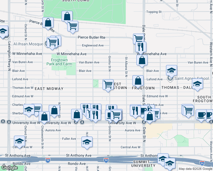 map of restaurants, bars, coffee shops, grocery stores, and more near 751 Thomas Avenue West in Saint Paul