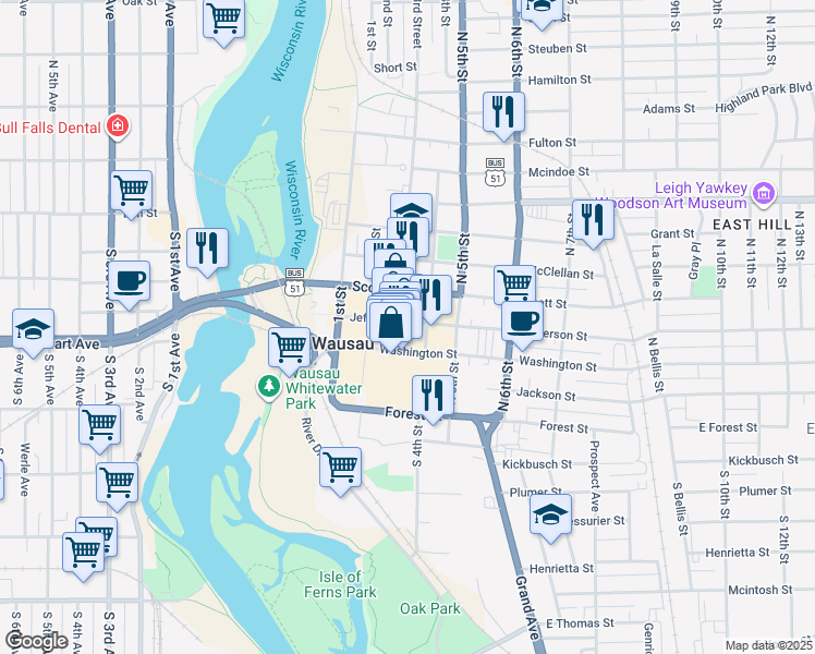 map of restaurants, bars, coffee shops, grocery stores, and more near 215 N 3rd Street in Wausau