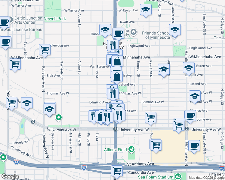 map of restaurants, bars, coffee shops, grocery stores, and more near 1599 Thomas Avenue West in Saint Paul