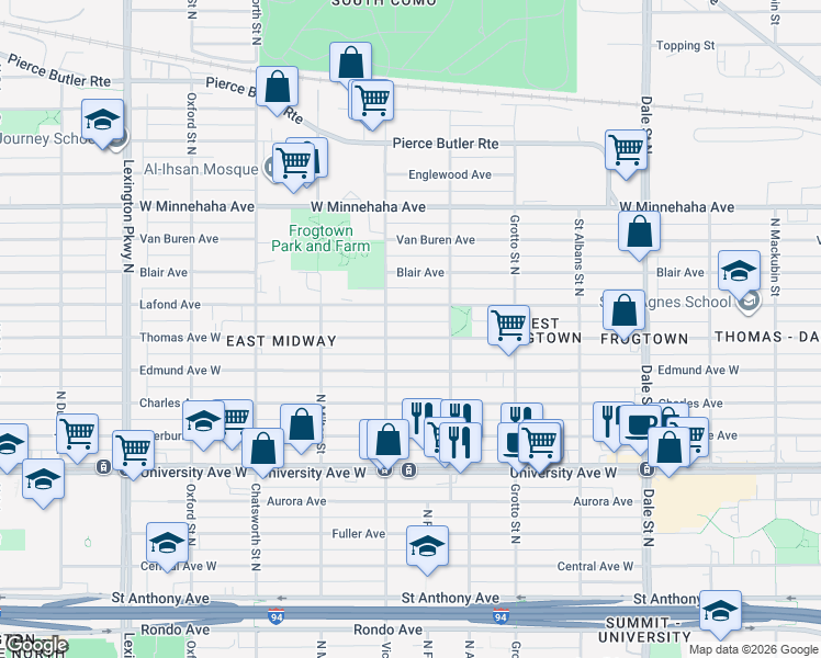 map of restaurants, bars, coffee shops, grocery stores, and more near 823 Thomas Avenue West in Saint Paul