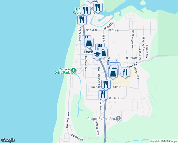 map of restaurants, bars, coffee shops, grocery stores, and more near 1037 Southwest 11th Street in Lincoln City