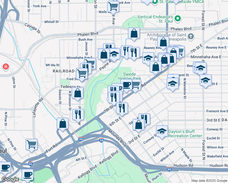 map of restaurants, bars, coffee shops, grocery stores, and more near 641 East North Street in Saint Paul