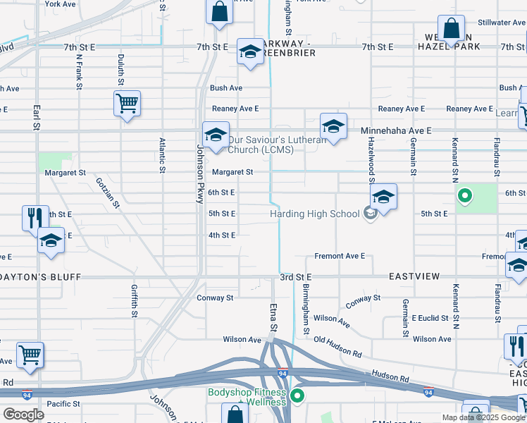 map of restaurants, bars, coffee shops, grocery stores, and more near 1381 5th Street East in Saint Paul