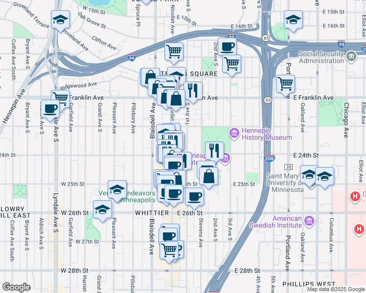 map of restaurants, bars, coffee shops, grocery stores, and more near 2315 Nicollet Avenue in Minneapolis
