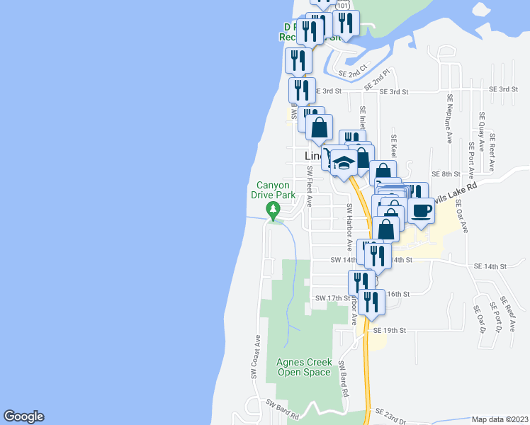 map of restaurants, bars, coffee shops, grocery stores, and more near 777 Southwest 11th Street in Lincoln City