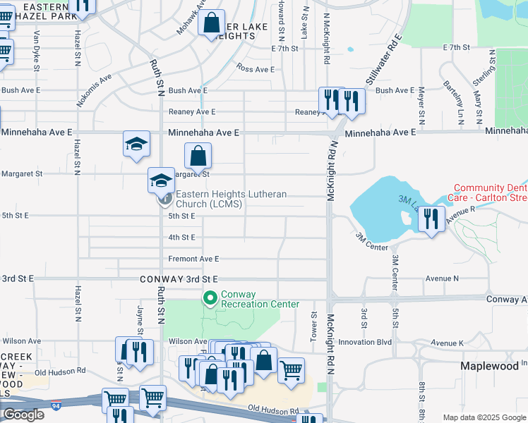 map of restaurants, bars, coffee shops, grocery stores, and more near 2167 5th Street East in Saint Paul
