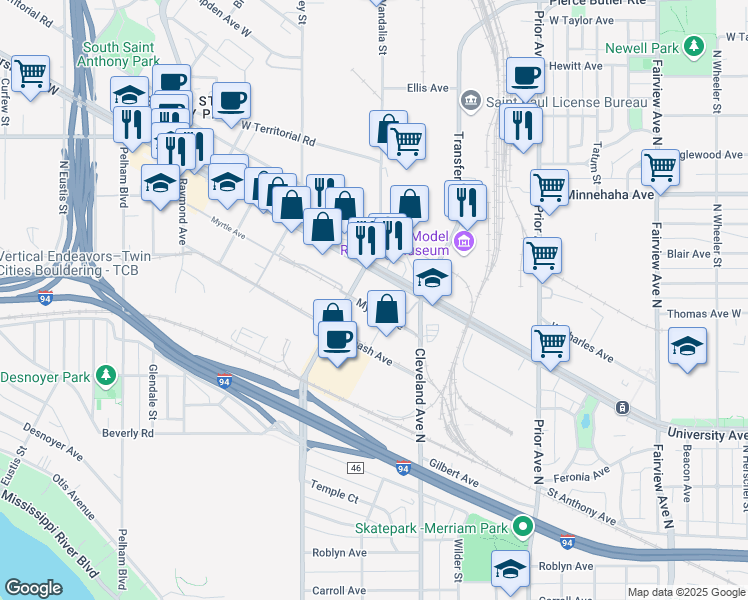 map of restaurants, bars, coffee shops, grocery stores, and more near 2135 Myrtle Avenue in Saint Paul