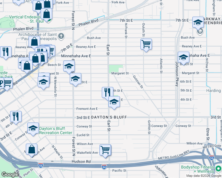 map of restaurants, bars, coffee shops, grocery stores, and more near 1065 5th Street East in Saint Paul