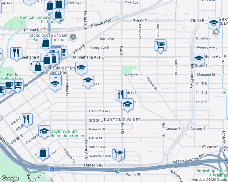 map of restaurants, bars, coffee shops, grocery stores, and more near 1031 5th Street East in Saint Paul