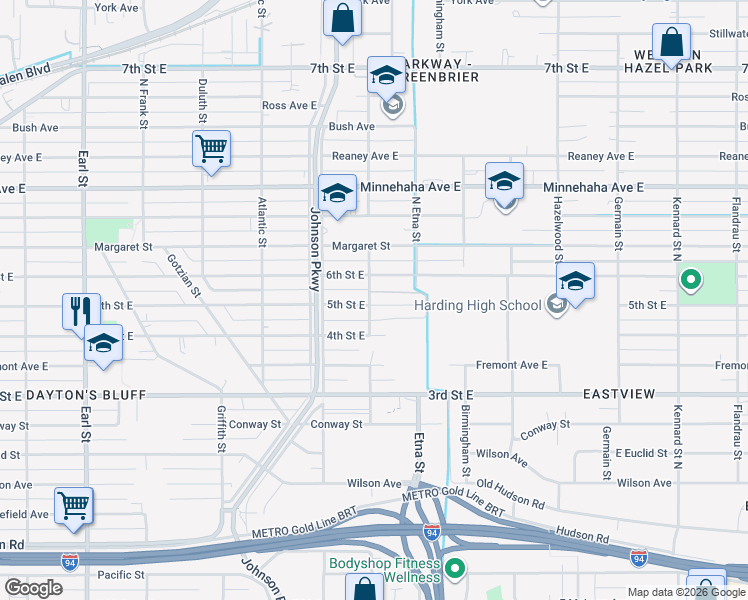 map of restaurants, bars, coffee shops, grocery stores, and more near 1349 5th Street East in Saint Paul