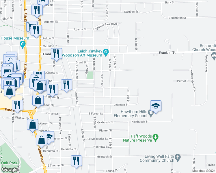 map of restaurants, bars, coffee shops, grocery stores, and more near 1112 Jefferson Street in Wausau