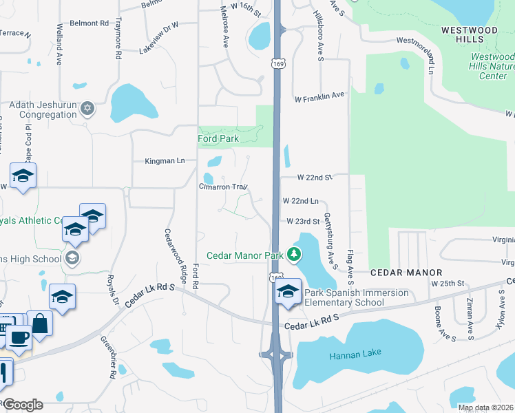 map of restaurants, bars, coffee shops, grocery stores, and more near 9621 Lonsdale Circle in Hopkins