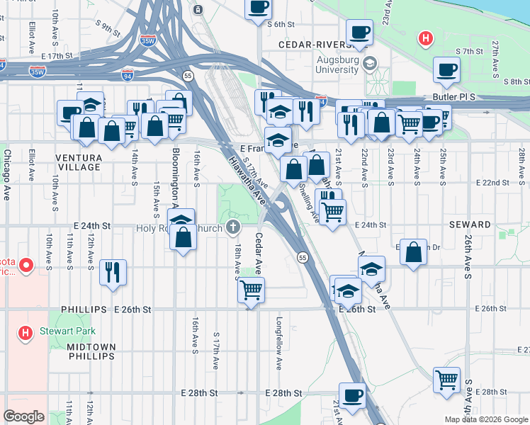 map of restaurants, bars, coffee shops, grocery stores, and more near 2107 Cedar Avenue South in Minneapolis
