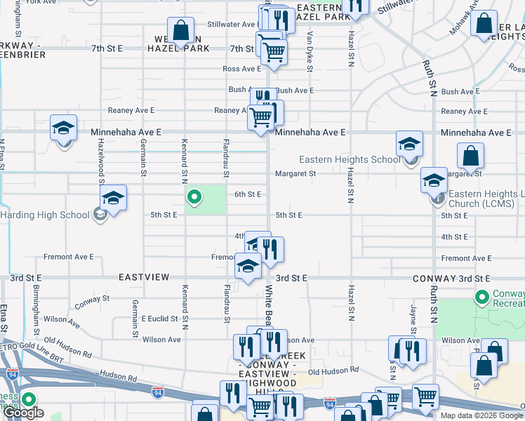 map of restaurants, bars, coffee shops, grocery stores, and more near 607 White Bear Avenue in Saint Paul