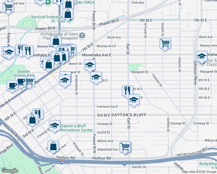 map of restaurants, bars, coffee shops, grocery stores, and more near 989 5th Street East in Saint Paul