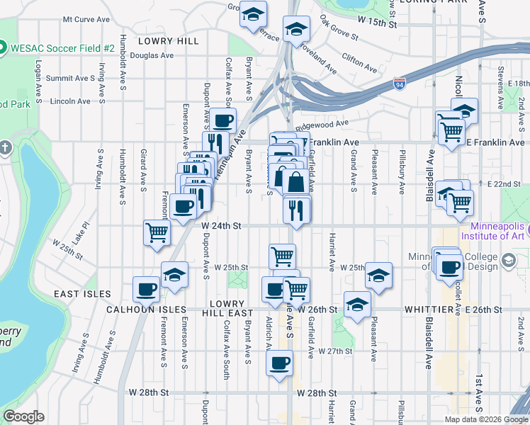 map of restaurants, bars, coffee shops, grocery stores, and more near 2310 Aldrich Avenue South in Minneapolis