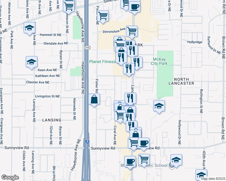map of restaurants, bars, coffee shops, grocery stores, and more near 2511 Coral Avenue Northeast in Salem