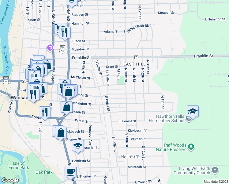 map of restaurants, bars, coffee shops, grocery stores, and more near 401 La Salle Street in Wausau