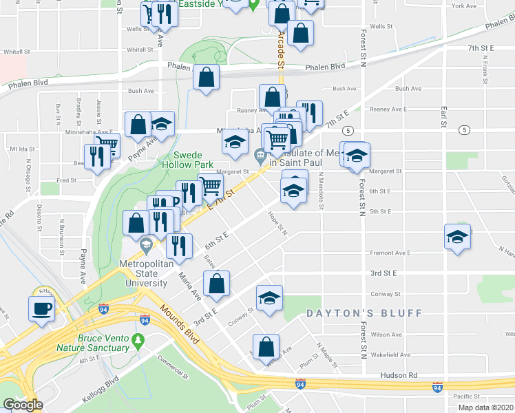 map of restaurants, bars, coffee shops, grocery stores, and more near 777 6th Street East in Saint Paul