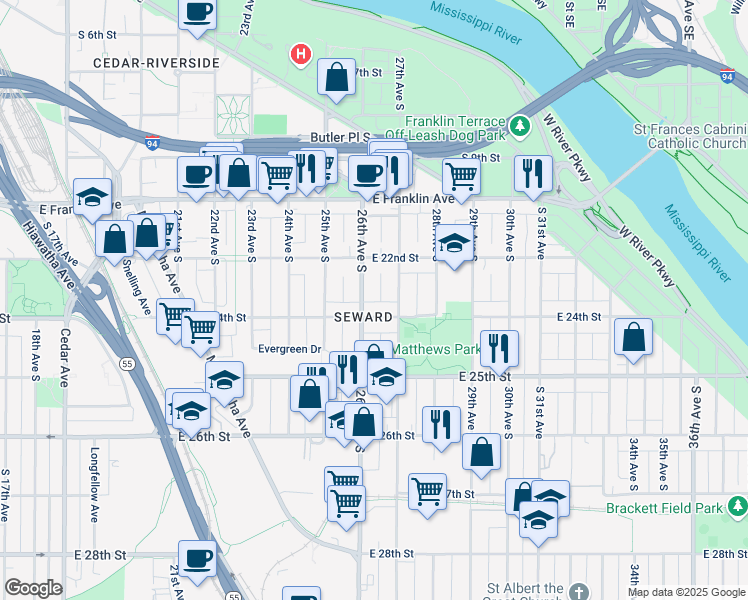map of restaurants, bars, coffee shops, grocery stores, and more near 2409 26th Avenue South in Minneapolis