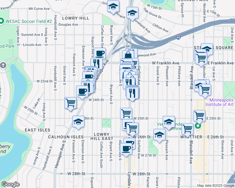 map of restaurants, bars, coffee shops, grocery stores, and more near 2310 Aldrich Avenue South in Minneapolis