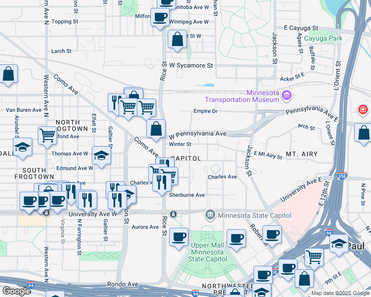 map of restaurants, bars, coffee shops, grocery stores, and more near 600 Park Street in Saint Paul