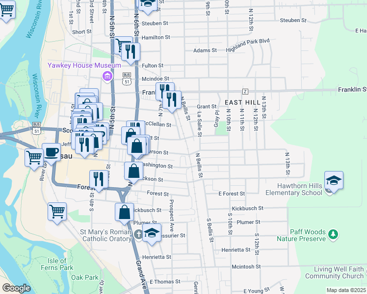map of restaurants, bars, coffee shops, grocery stores, and more near 739 Scott St in Wausau