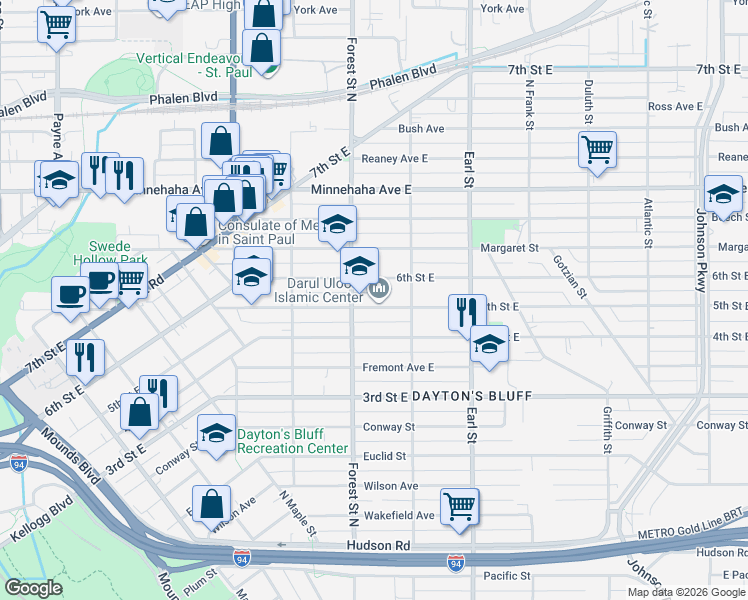 map of restaurants, bars, coffee shops, grocery stores, and more near 967 5th Street East in Saint Paul