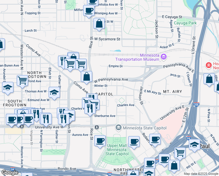 map of restaurants, bars, coffee shops, grocery stores, and more near 600 Park Street in Saint Paul