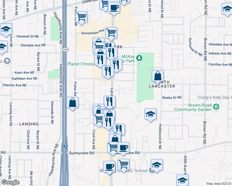 map of restaurants, bars, coffee shops, grocery stores, and more near 2500 Lancaster Drive Northeast in Salem