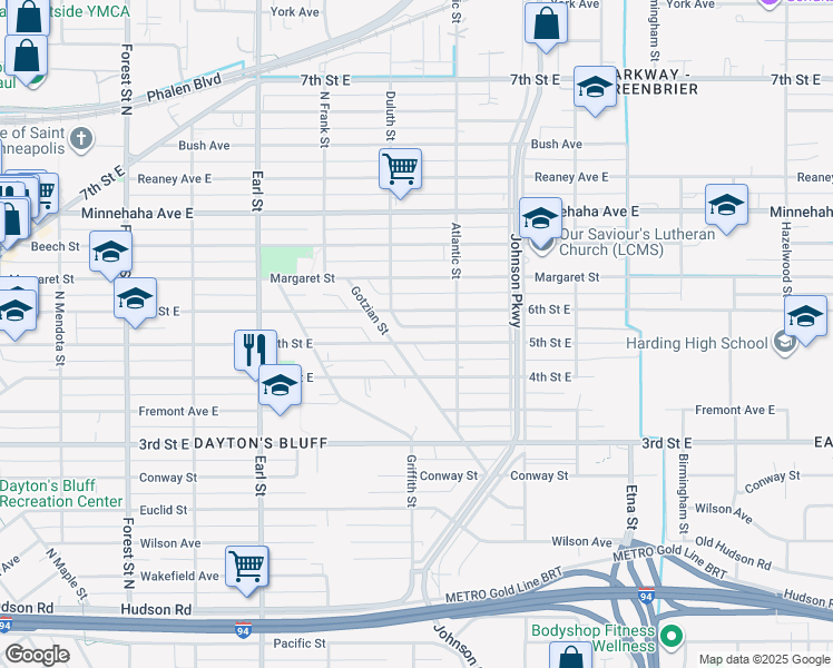 map of restaurants, bars, coffee shops, grocery stores, and more near 1200 5th Street East in Saint Paul