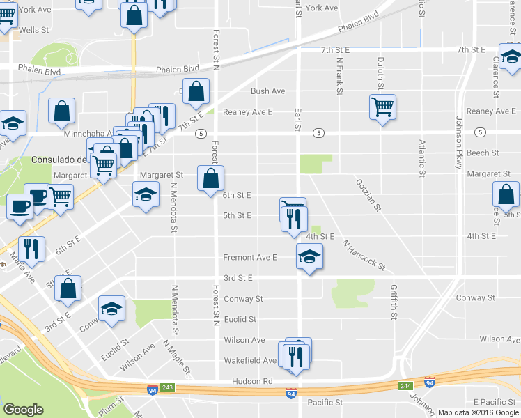 map of restaurants, bars, coffee shops, grocery stores, and more near 989 5th Street East in Saint Paul