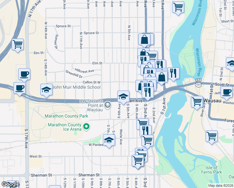 map of restaurants, bars, coffee shops, grocery stores, and more near 414 South 6th Avenue in Wausau