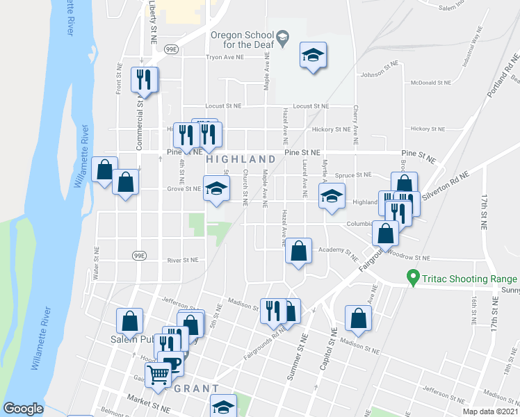 map of restaurants, bars, coffee shops, grocery stores, and more near 2157 Maple Avenue Northeast in Salem
