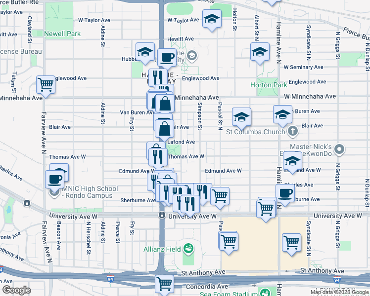 map of restaurants, bars, coffee shops, grocery stores, and more near 606 North Asbury Street in Saint Paul