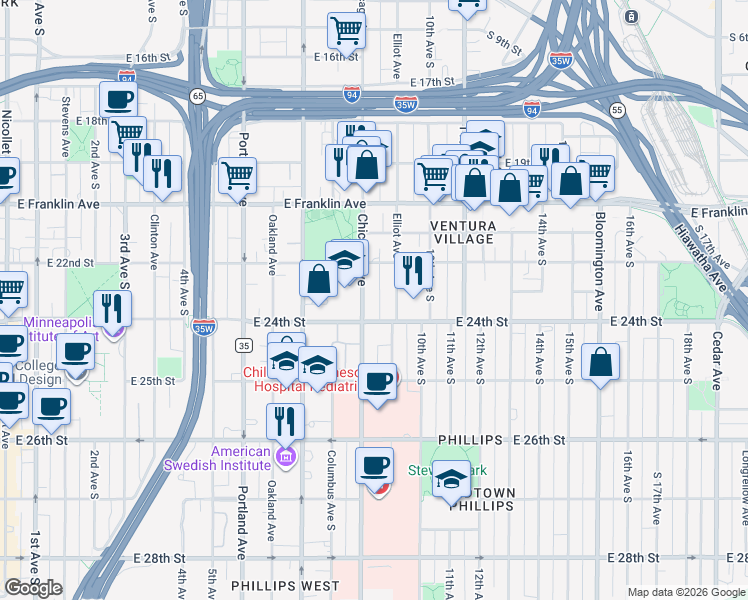 map of restaurants, bars, coffee shops, grocery stores, and more near in Minneapolis