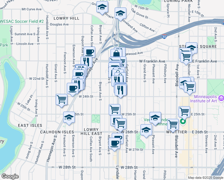 map of restaurants, bars, coffee shops, grocery stores, and more near 2310 Aldrich Avenue South in Minneapolis