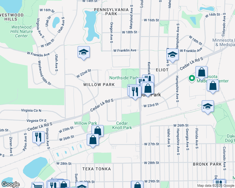 map of restaurants, bars, coffee shops, grocery stores, and more near 2501 Nevada Avenue in St. Louis Park