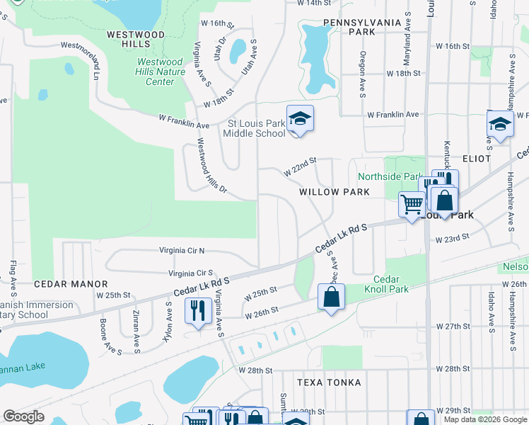 map of restaurants, bars, coffee shops, grocery stores, and more near 2317 Texas Avenue South in Minneapolis