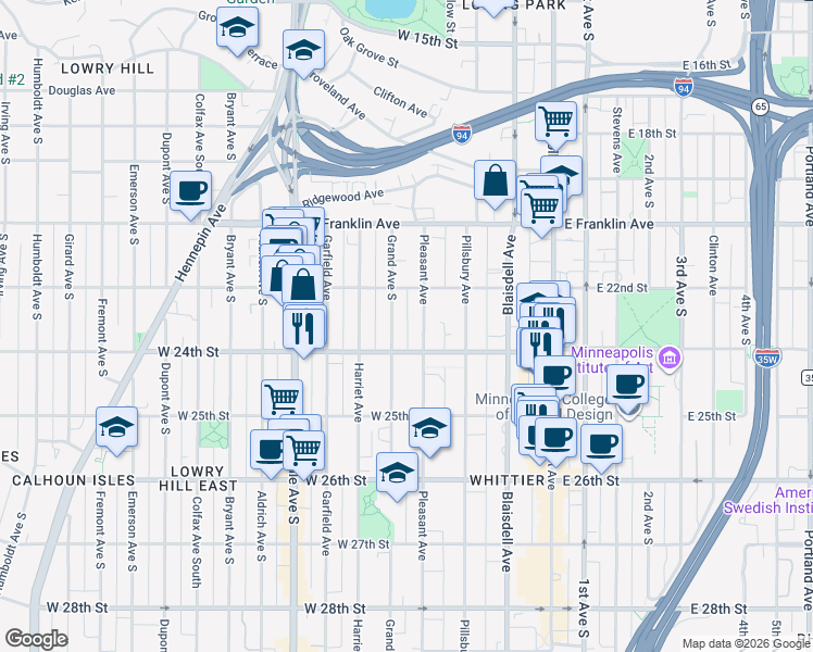 map of restaurants, bars, coffee shops, grocery stores, and more near 2300 Pleasant Avenue in Minneapolis