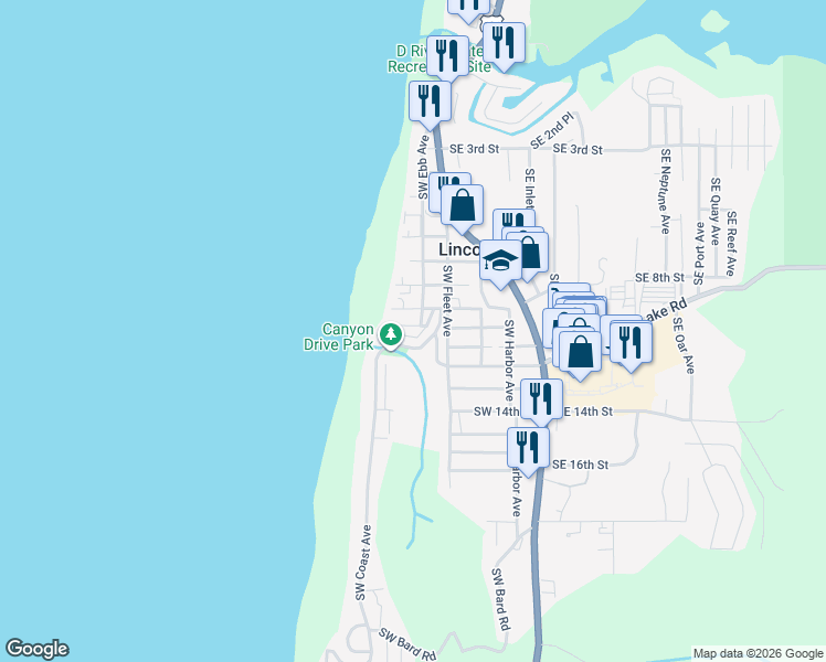 map of restaurants, bars, coffee shops, grocery stores, and more near Southwest 11th Drive in Lincoln City