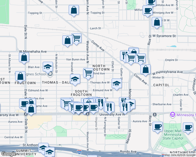 map of restaurants, bars, coffee shops, grocery stores, and more near 612 Virginia Street in Saint Paul