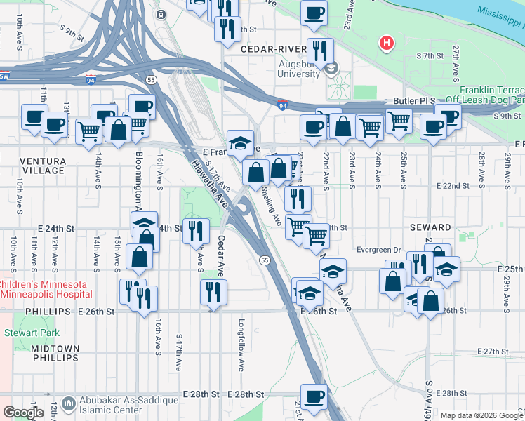 map of restaurants, bars, coffee shops, grocery stores, and more near 2304 Snelling Avenue in Minneapolis