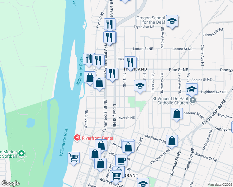 map of restaurants, bars, coffee shops, grocery stores, and more near 2095 Oregon 99E Business in Salem