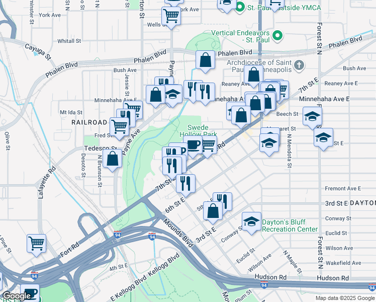 map of restaurants, bars, coffee shops, grocery stores, and more near in Saint Paul