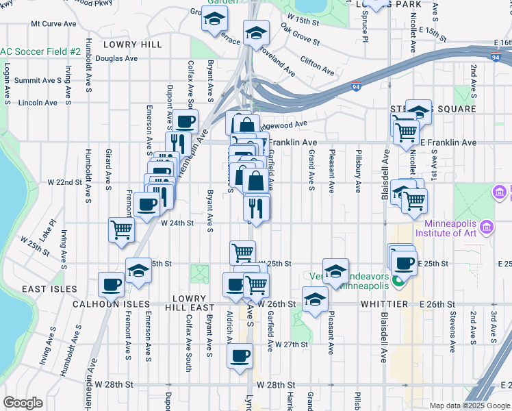 map of restaurants, bars, coffee shops, grocery stores, and more near 2407 Lyndale Avenue South in Minneapolis