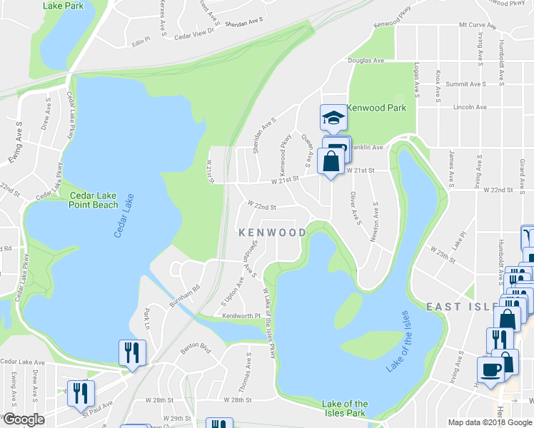 map of restaurants, bars, coffee shops, grocery stores, and more near in Minneapolis