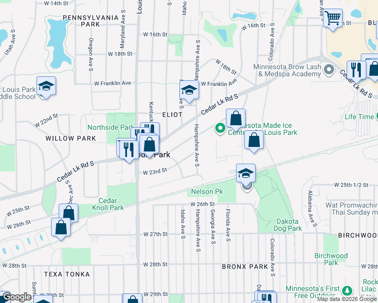 map of restaurants, bars, coffee shops, grocery stores, and more near 6801 West 23rd Street in Minneapolis